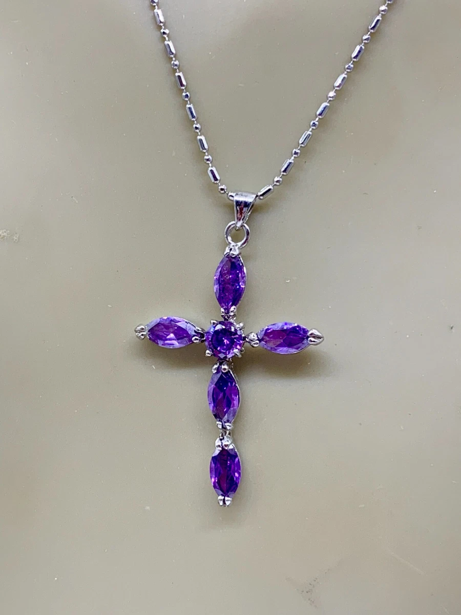 VINTAGE 18K WHITE GOLD PLATED AMETHYST CROSS PENDANT CHAIN