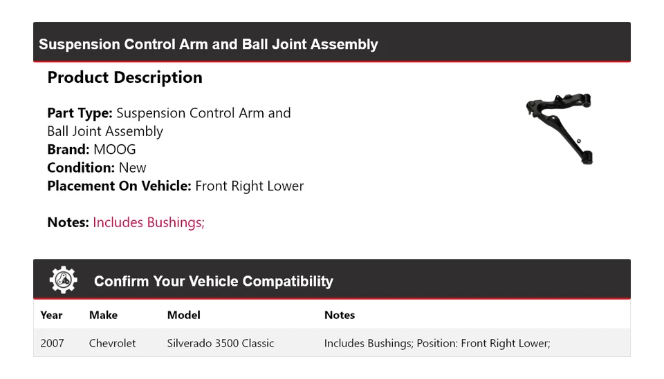 Brazo de control delantero derecho inferior MOOG para Chevrolet Silverado 3500 Classic 2007 Foto 2 de 3