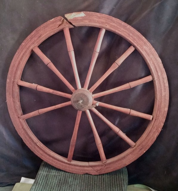Wooden Spoke Wheel w/ Metal Axle from Antique Spinning Wheel 21