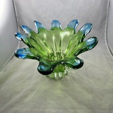 Murano Style Glass Stretch Swung Vase 10 fingers Blue Green Clear