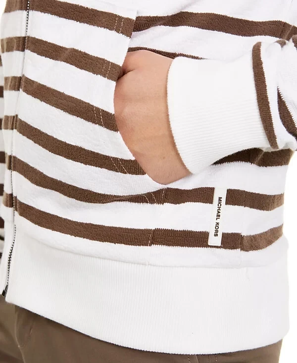 Felpa con cappuccio e zip intera a righe Michael Kors da uomo nuova con etichette bianca marrone taglia XL