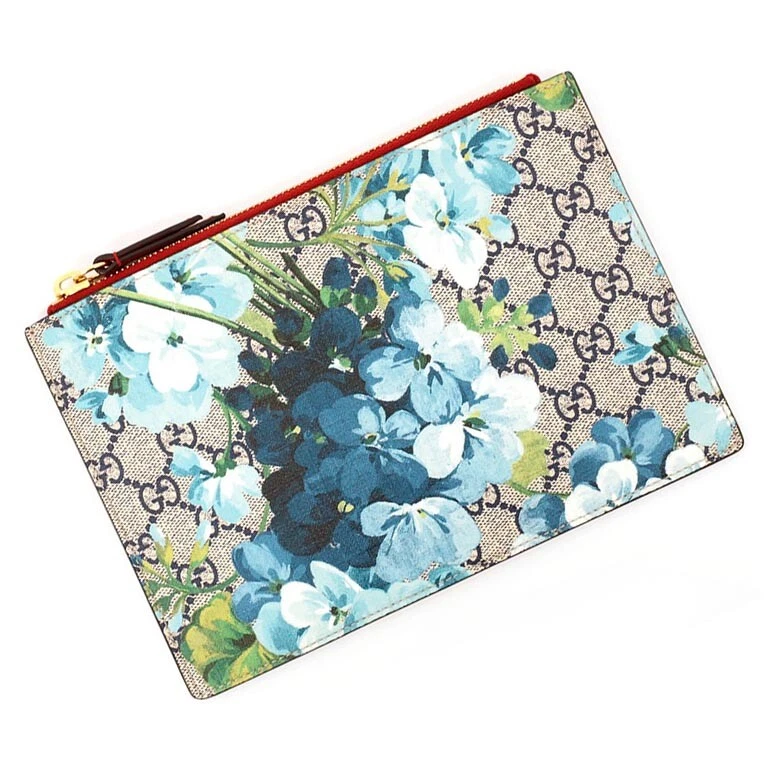 GUCCI GG Blooms Floral Flower Clutch Bag Pouch Blue Beige Supreme Canvas  Auth