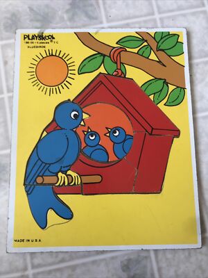 Vintage Playskool Wooden Puzzle Bluebirds 6-Pieces Birds in Birdhouse EUC 186-06