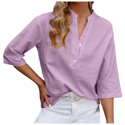 3/4 Sleeve Women's Top Casual Loose Round Neck T Shirt Cute Solid Color Long - Picture 4 of 42