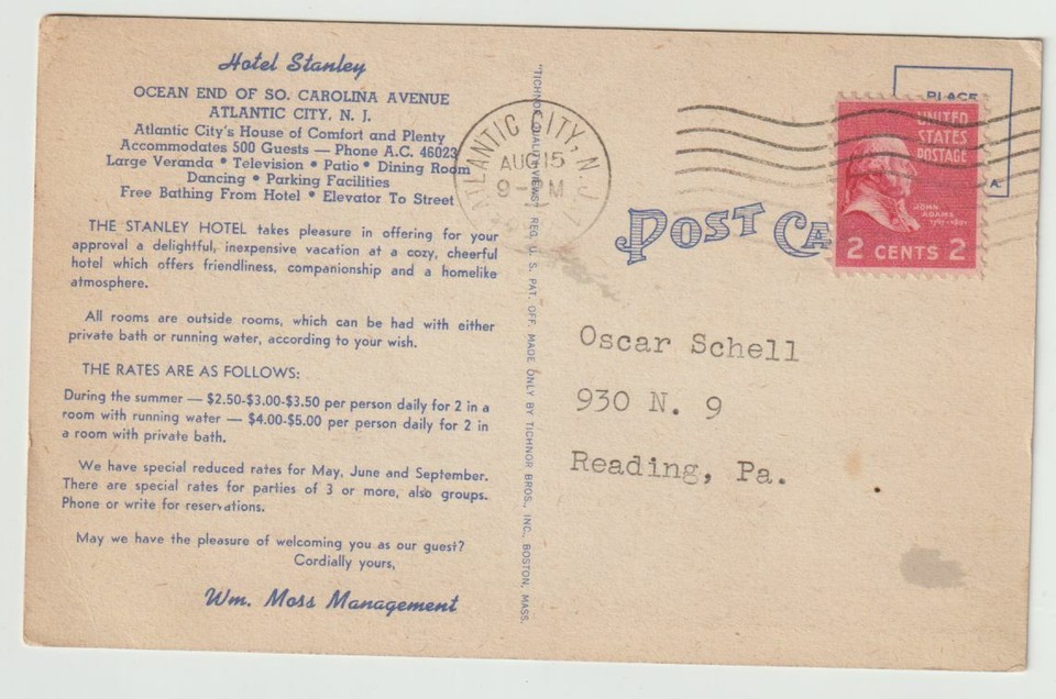1952 Postmarked Postcard Hotel Stanley Ocean End SC Ave Atlantic City ...
