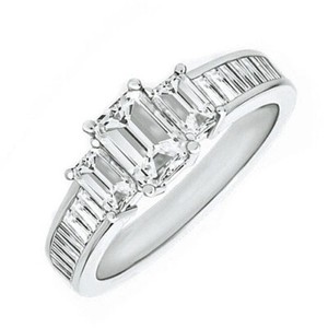 Authentic 3 Ct Emerald Cut Clear CZ 14K White Gold Plated Three Stone Engagement Ring