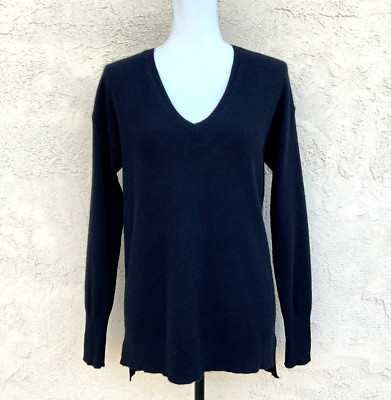 Halogen 100% Cashmere Sweater V-Neck Black Hi Low Hem Petite M