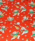 VTG CHRISTMAS WRAPPING PAPER GIFT WRAP SKATING SNOWMEN ON RED 2 YARDS WW2 1940