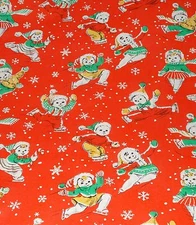VTG CHRISTMAS WRAPPING PAPER GIFT WRAP SKATING SNOWMEN ON RED 2 YARDS WW2 1940