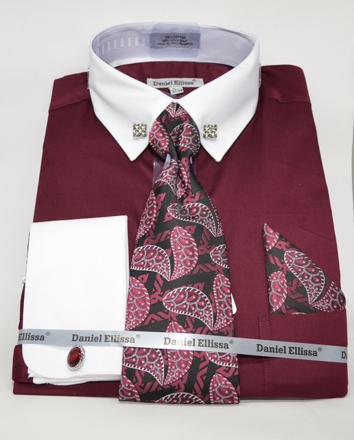 MEN'S FRENCH CUFF BASIC DRESS SHIRT WITH TIE AND HANKIE AND COLLAR BAR