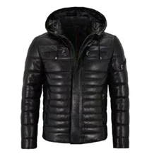 Men's Real Leather 100% Softskin Jacket Puffer Hooded Black Fully Quilted Jacket