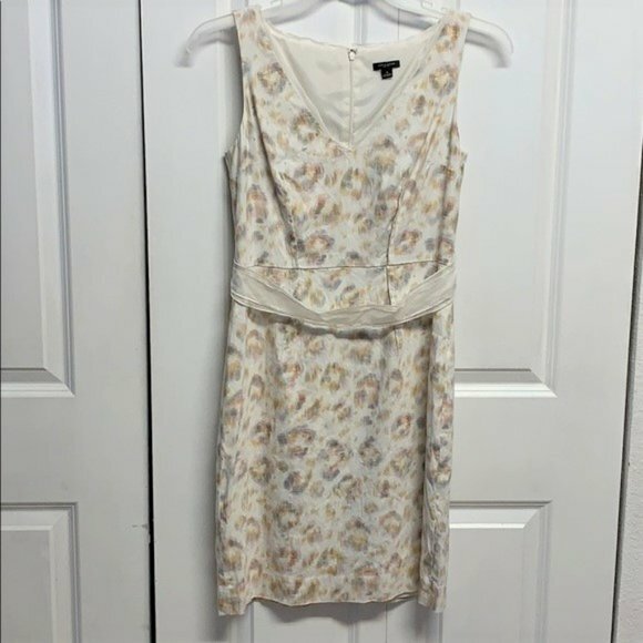 Ann Taylor Cream Yellow Print V Neck Linen Blend Sleeveless Pencil Dress Size 4