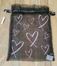 VICTORIA'S SECRET LINGERIE BAG BLACK MESH LOGO DRAWSTRING PINK HEARTS NWT