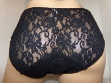 Vintage New "Intimates" Black Sheer Nylon Floral Lace Hi Cut Bikini Panties M