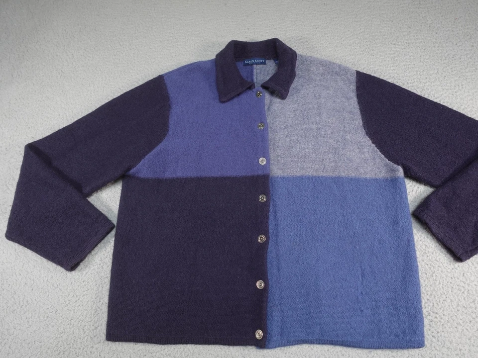 Suéter de lana vintage para mujer Petite XL azul bloques de colores cárdigan casa abuela Foto 2 de 4