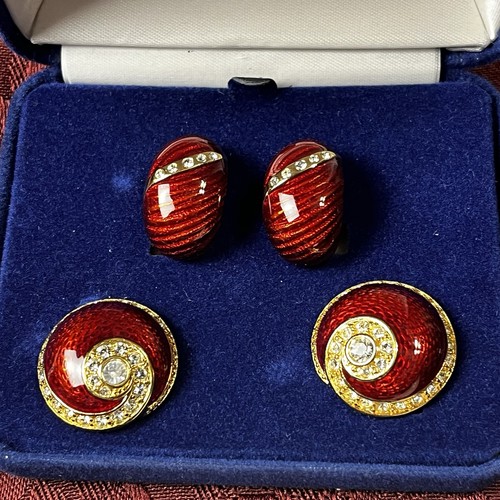 Vintage Camrose und Kross rote Emaille Strass Clip Ohrringe 2 Paar Samt Box - Bild 11 von 16