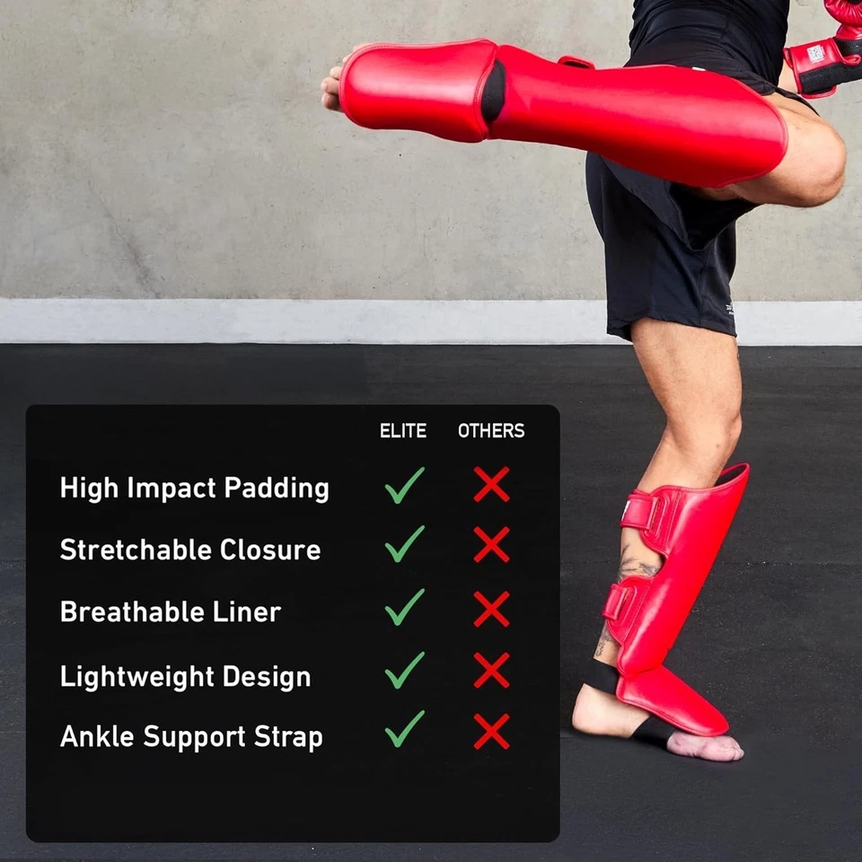 Espinilleras deportivas de Muay Thai, protectores de empeine para piernas (Roja) Foto 4 de 4