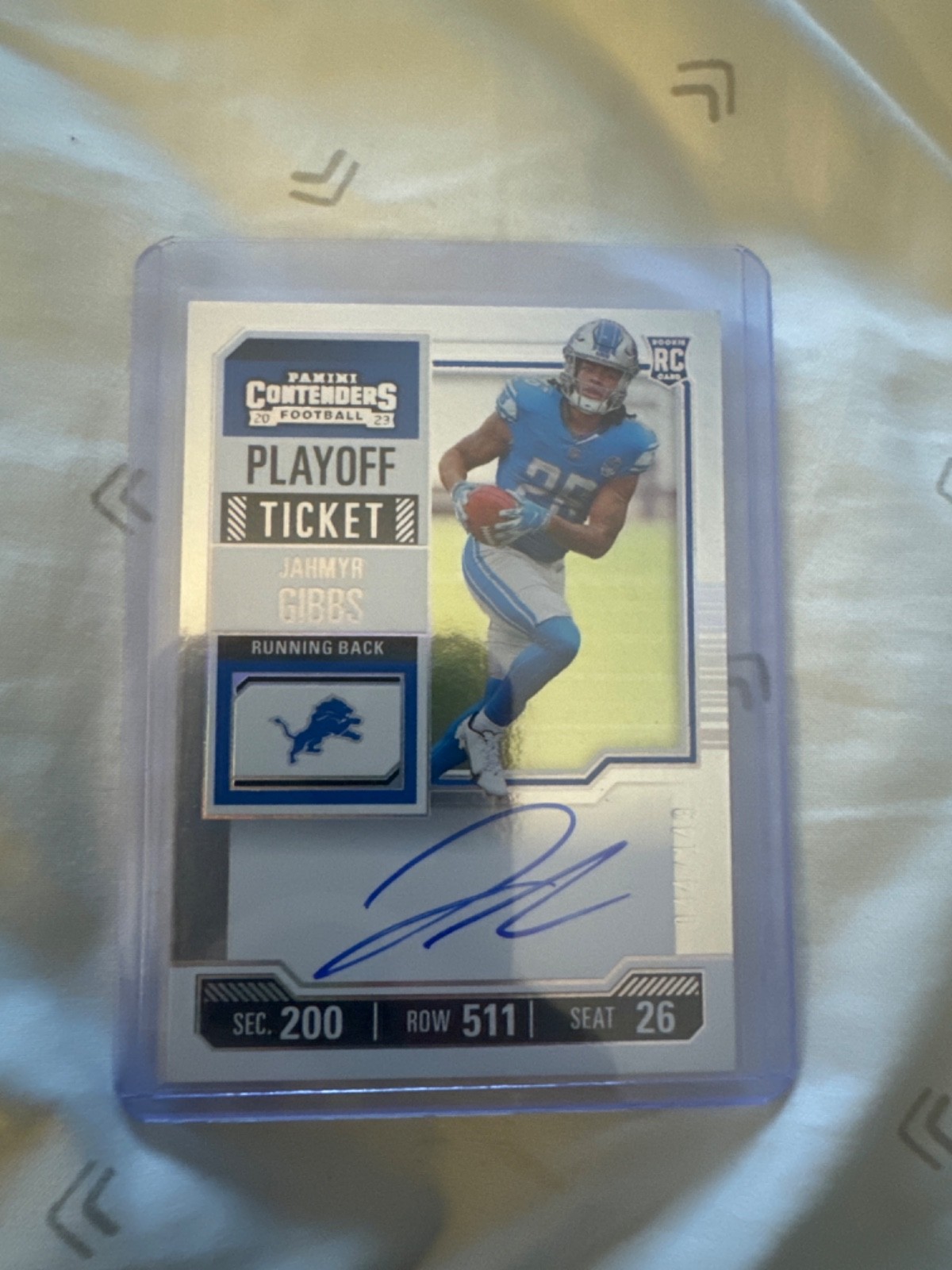 Jahmyr Gibbs 2023 Panini Contenders #112 Playoff Ticket Auto #/149 RC Lions