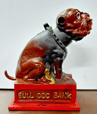 Antique Cast Iron ''Bulldog'' Bank Mechanical Functional