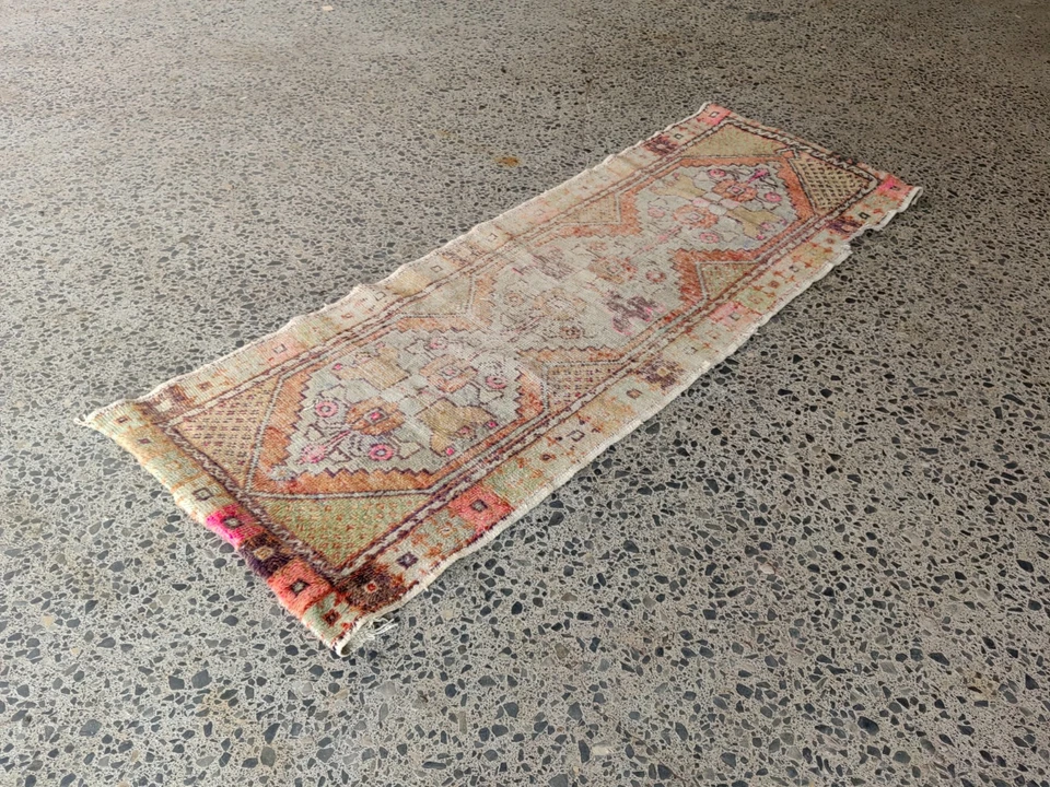 Vintage Turkish Runner Rug 2.5x7.3 ft | Boho Oushak Wool Carpet Soft Tones - Image 3 of 4