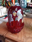 Vtg Fenton Ruby Amberina Fairy Lamp Signed Hand-Painted Floral Mint Condition