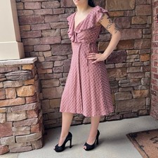 ASOS 2 Pink Ruffled Neck Dusty Pink Lace Frill Full Tie Wrap Knee Length Dress