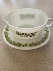 PYREX Milk Glass Gravy Boat Set Floral Pattern White Green Vintage USA