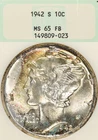 1942-S 10C NGC MS65 FB Mercury Silver Dime Old Fatty Holder Green Label Toned