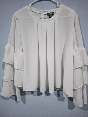 Neiman Marcus White Ruffle Sleeve Chiffon Button Blouse Crew Neck XL