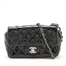 Chanel Classic Flap Shoulder Bag Black Patent Leather Silver‑Tone Hardware