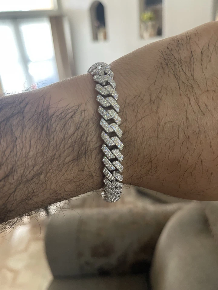 Pulsera de cadena cubana Moissanite VVS1 plata 925 chapada en rodio 7,5 pulgadas 10 mm Foto 4 de 4