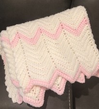 Hand Made Crocheted Baby Blanket Pink  White Crib Size 26x42 Throw Lap Cover