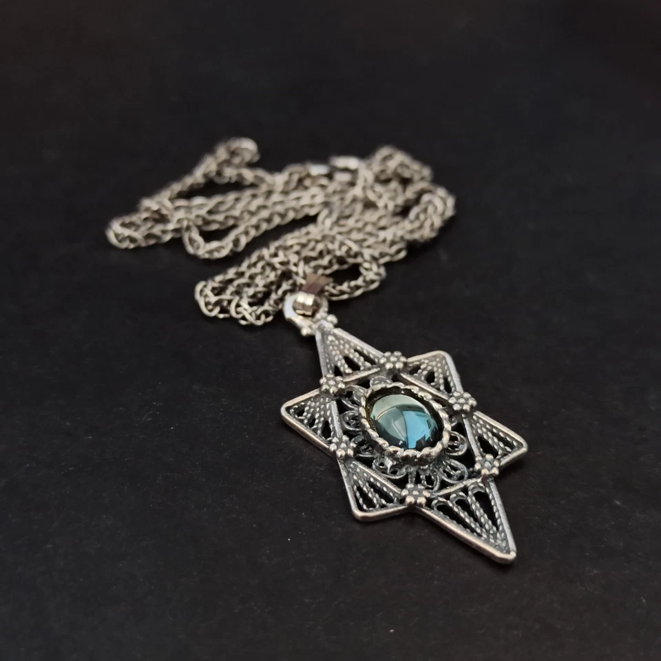 Мужская звезда Давида ожерелье серебро большой синий филигранный женщин винтажный 925 подарок - Изображение 2 из 4
