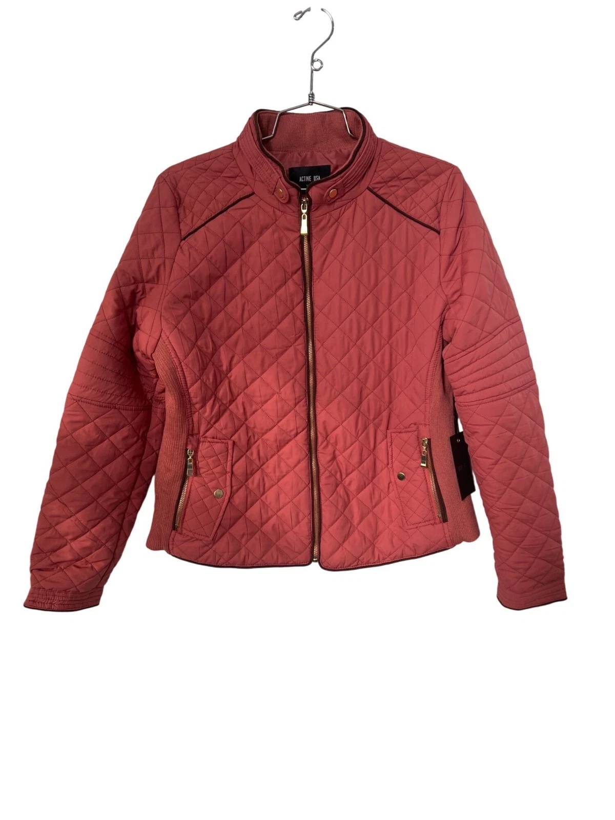 Active USA Full Zip Quilted Puffer Jacket Women L Red Warm Outdoor Gorpcore NEW