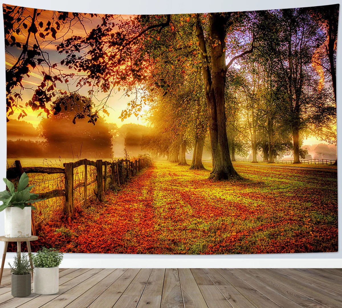 Forest Leaf Sunset Fall Scenery Tapestry Wall Hanging Bedspread