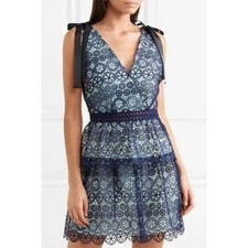 Self Portrait Lace Blue Peplum Dress Black Bow Cut Out Plunge Back 10
