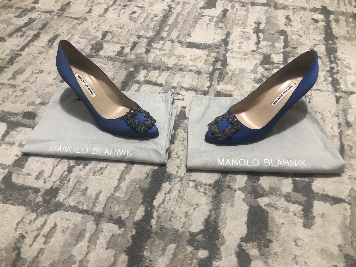 Manolo Blahnik Hangisi 105MM Embellished Crystal Satin Pumps Cobalt Blue  size 37