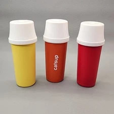 Tupperware Pump Dispenser Condiment Set 3 Vtg Catsup Mustard Orange Yellow Red