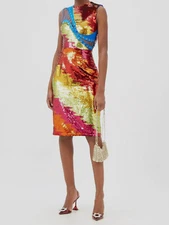 $2310 Halpern Women's Red Sequined Laced Midi Sheath Dress Size IT44/US12