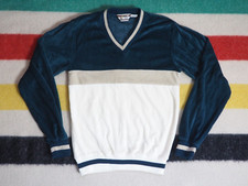 VTG 70s Young Lion Cream Blue Velour Cloth V-Neck Hippy Pullover Shirt XS EUC