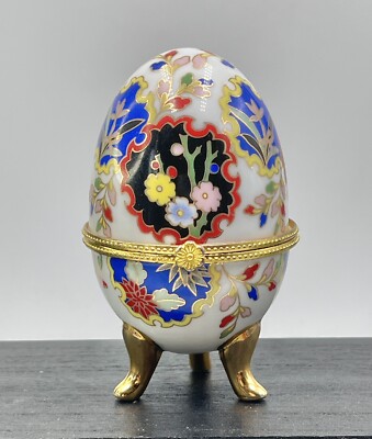 Vintage Trinket Box Porcelain Egg, Gold Detailing Footed Floral Flowers