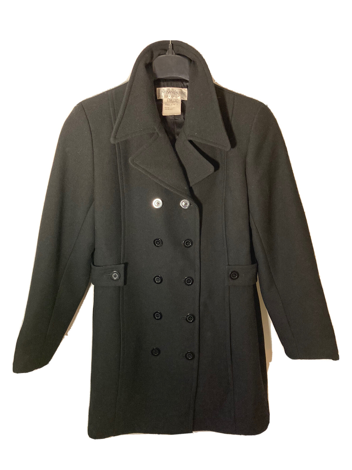 Cappotto vintage Yves Saint Laurent Encore 10 bottoni doppio seno tutto in lana nero taglia 6