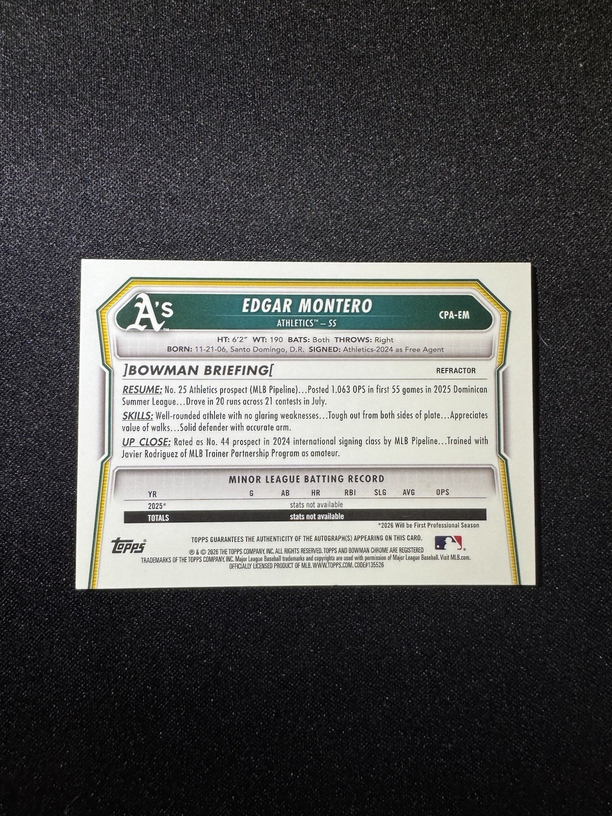Edgar Montero 2026 Bowman Chrome Prospect Autos /499 AUTO #CPA-EM A's RC view 6