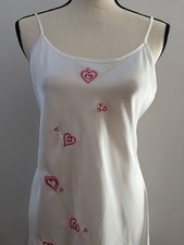 Vintage Inner Most White Satin Slip Pink Heart Embroidery Romantic Lingerie M