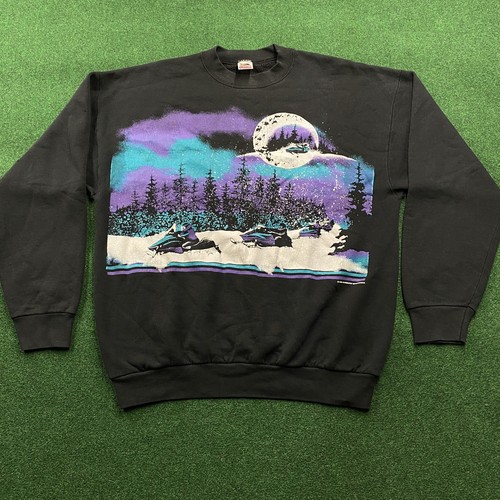 Vintage Schneemobil Pullover Herren XL schwarz 90er Natur Winter Sweatshirt HERGESTELLT IN DEN USA