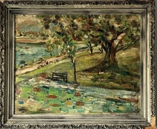 STERLING ANTIQUE MODERN ABSTRACT PARK LANDSCAPE OIL PAINTING OLD VINTAGE 1968