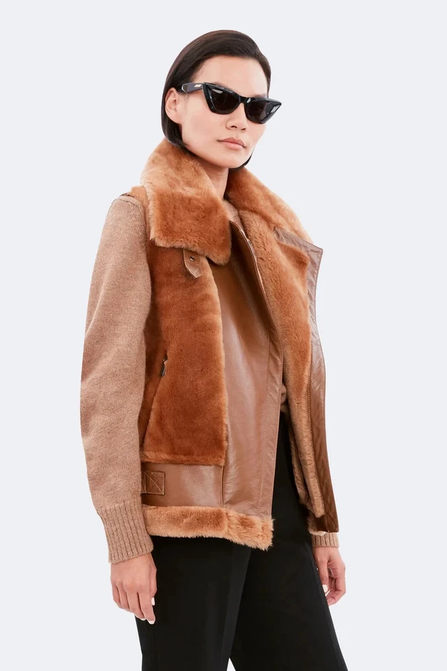 NEW, Dawn Levy Maya Mixed Media Shearling Trim Moto Vest in Brown SZ XS #SJ1853 - Image 3 of 4