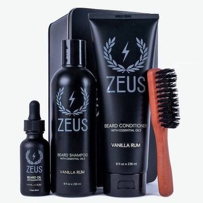 Zeus Deluxe Beard Care Kit Vanilla Rum Scent Shampoo Conditioner Oil Brush USA