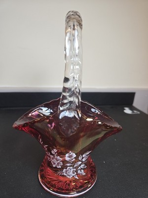 Westmoreland cranberry glass basket  ruby red body a clear twisted Handle Signed