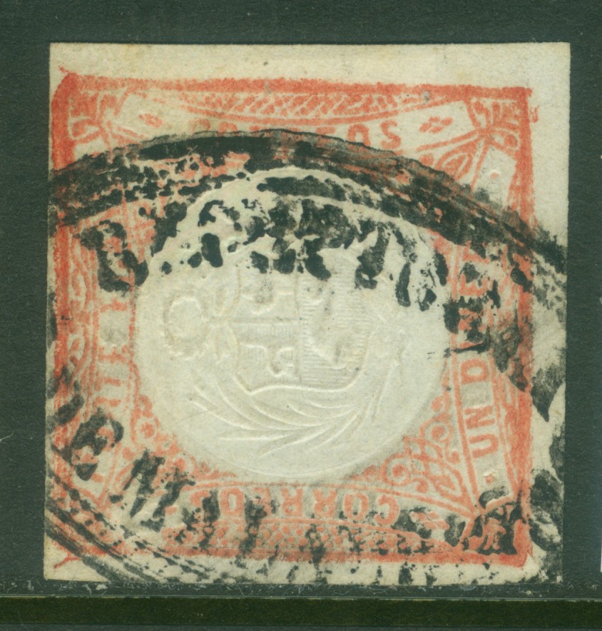 PERU 1862 Coat of Arms 1p red  Scott # 12  used FVF  "RECEPTORIA MALABRIGO" pmk.